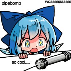 Rule 34 | + +, 1girl, blue bow, blue eyes, blue hair, blush, bomb, bow, cirno, english text, explosive, hair bow, ice, ice wings, kasuya baian, meme, open mouth, parody, pipe bomb, simple background, solo, table, touhou, white background, wings, woah pipe bomb (meme)