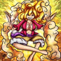 Rule 34 | 1girl, awakening, breasts, cleavage cutout, closed eyes, clothing cutout, cloud, female focus, gear fifth, genderswap, genderswap (mtf), highres, hito hito no mi model: nika, large breasts, monkey d. luffy, multicolored hair, one piece, pirate costume, scar, smile, solo