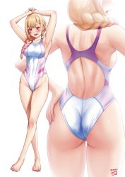 Rule 34 | 1girl, armpits, arms behind head, ass, barbell piercing, bare arms, bare legs, barefoot, blonde hair, blush, braid, breasts, commentary request, competition swimsuit, covered navel, ear piercing, earrings, finalcake, from behind, full body, gradient hair, groin, gyaru, hand on own hip, highleg, highleg swimsuit, highres, industrial piercing, jewelry, kitagawa marin, large breasts, long hair, medium breasts, multicolored clothes, multicolored hair, multicolored swimsuit, nail polish, one-piece swimsuit, open mouth, piercing, red eyes, red hair, simple background, single braid, solo, sono bisque doll wa koi wo suru, standing, swept bangs, swimsuit, white background, white one-piece swimsuit, zoom layer