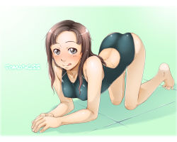 Rule 34 | :q, all fours, ass, barefoot, blue eyes, brown hair, competition swimsuit, feet, grey eyes, kawada tomoko, kimi kiss, legs, long hair, one-piece swimsuit, sakura kotetsu, solo, swimsuit, toes, tongue, tongue out