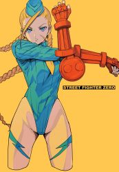 Rule 34 | 1girl, absurdres, ahoge, antenna hair, armor, blonde hair, blue hat, blue leotard, bodypaint, braid, cammy white, camouflage, copyright name, covered navel, cowboy shot, curvy, fingerless gloves, frown, galbi (iouytuuyio), garrison cap, gloves, half-closed eyes, hat, highleg, highleg leotard, highres, huge ahoge, legs apart, leotard, long hair, looking at viewer, necktie, red armor, ribbed leotard, scar, serious, short necktie, simple background, sleeveless, solo, standing, street fighter, street fighter zero (series), stretching, thighs, thong leotard, twin braids, upper body, v-shaped eyebrows, very long hair, yellow background, yellow necktie