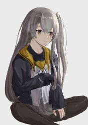 Rule 34 | 1girl, black jacket, black pantyhose, brown eyes, closed mouth, girls&#039; frontline, grey hair, grey skirt, highres, jacket, long hair, looking at viewer, on floor, open clothes, open jacket, pantyhose, scar, scar on face, shirt, side ponytail, sitting, skirt, smile, solo, ump45 (girls&#039; frontline), wh1te, white background, white shirt