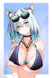 Rule 34 | 1girl, :&lt;, absurdres, alternate costume, animal ear fluff, animal ears, aqua hair, arknights, arm under breasts, bikini, blue background, blue bikini, blush, breast hold, breasts, cat ears, chinese commentary, cleavage, closed mouth, collarbone, covered erect nipples, ddddecade, embarrassed, eyelashes, eyewear on head, frown, furrowed brow, glint, gradient hair, green eyes, grey background, hair between eyes, head tilt, highres, jewelry, kal&#039;tsit (arknights), large breasts, looking at viewer, material growth, medium hair, multicolored hair, oripathy lesion (arknights), pendant, scowl, silver hair, simple background, solo, sunglasses, sweat, sweatdrop, swimsuit, two-tone background, two-tone hair, upper body