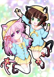 Rule 34 | 2girls, :d, animal ears, arm up, azur lane, bell, blue shirt, blush, bow, brown footwear, brown hair, candy, cat ears, cat girl, cat tail, closed mouth, commentary request, ears through headwear, fang, food, green eyes, hair between eyes, hair bow, hair ribbon, hands up, hat, holding, holding candy, holding food, holding lollipop, jingle bell, kindergarten uniform, kisaragi (azur lane), lifebuoy, lollipop, long sleeves, looking at viewer, loose socks, mary janes, multiple girls, mutsuki (azur lane), open mouth, pink bow, pink hair, pink ribbon, pleated skirt, polka dot, purple eyes, ribbon, rsu511, school hat, shirt, shoes, short twintails, skirt, smile, socks, swim ring, tail, tail bell, tail bow, tail ornament, thighhighs, twintails, white legwear, yellow hat, yellow skirt