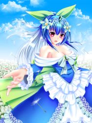 Rule 34 | 1girl, blue dress, blue hair, bow, breasts, cleavage, cloud, creatures (company), dandelion, day, dress, earrings, eyeshadow, field, flower, flower field, frills, game freak, gem, gen 2 pokemon, glowing, glowing hand, gown, hair bow, hair flower, hair ornament, highres, hoppip, jewelry, jumpluff, lipstick, long hair, looking at viewer, makeup, medium breasts, nail polish, nintendo, noperia, open mouth, outstretched arm, personification, pink nails, pokemon, pokemon (creature), ponytail, red eyes, sky