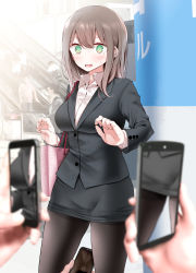 Rule 34 | 1girl, 3others, @ @, bag, black pantyhose, black skirt, blush, breasts, brown hair, cellphone, embarrassed, escalator, feet out of frame, fine fabric emphasis, formal, green eyes, hands up, highres, long hair, long sleeves, looking at viewer, medium breasts, miniskirt, multiple others, ol-chan (oouso), oouso, open mouth, original, out of frame, panties, panties under pantyhose, pantyhose, pencil skirt, phone, shirt, shopping bag, skirt, skirt suit, smartphone, solo focus, suit, surprised, taking picture, thighs, underwear, upskirt, white shirt