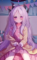 Rule 34 | 1girl, ahoge, baram, blue archive, blush, brown jacket, collared dress, commentary request, dress, frilled dress, frills, grey hair, hair between eyes, highres, hina (blue archive), hina (pajamas) (blue archive), horns, jacket, long hair, long sleeves, looking at viewer, off shoulder, open clothes, open jacket, parted bangs, pennant, pink dress, polka dot, polka dot dress, purple eyes, sitting, sleeves past wrists, solo, string of flags, sweat, very long hair