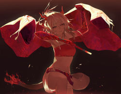 Rule 34 | 1girl, arknights, arm up, bandeau, bare shoulders, commentary request, horns, koio, long hair, looking at viewer, midriff, navel, nian (arknights), red eyes, short shorts, shorts, silver hair, smile, solo, stomach, strapless, tail, tube top, white shorts