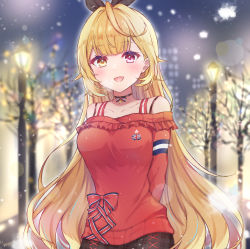 Rule 34 | 1girl, absurdres, ahoge, alternate costume, alternate hairstyle, arms behind back, bare shoulders, blonde hair, bloom, blurry, blurry background, bra strap, breasts, brown eyes, choker, city lights, cityscape, collarbone, hair intakes, hair tie, heterochromia, highres, hoshikawa sara, hoshikawa sara (2nd costume), large breasts, lens flare, long hair, looking at viewer, night, night sky, nijisanji, off-shoulder sweater, off shoulder, open mouth, outdoors, plaid, plaid skirt, purple eyes, red sweater, skirt, sky, smile, snow, snowing, solo, star (symbol), sweater, union jack, upper body, very long hair, virtual youtuber, winter, zky (oekaky)