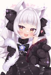 Rule 34 | 1girl, :d, animal ear fluff, animal ears, black bow, black capelet, black dress, black ribbon, blunt bangs, blush, bow, bowtie, capelet, cat ears, center frills, cocozasa, dress, fang, frilled bow, frilled dress, frills, fur-trimmed capelet, fur trim, grey hair, hair ribbon, heart, highres, hololive, long hair, long sleeves, looking at viewer, murasaki shion, murasaki shion (gothic lolita), open mouth, ribbon, smile, solo, striped, striped bow, virtual youtuber