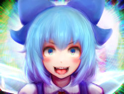 Rule 34 | 1girl, benikurage (cookie), blue bow, blue eyes, blue hair, blush, bow, cirno, collared shirt, commentary request, cookie (touhou), fangs, hair between eyes, hair bow, ice, ice wings, khn (kihana), looking at viewer, neck ribbon, open mouth, portrait, red ribbon, ribbon, shirt, short hair, slit pupils, smile, solo, teeth, tongue, touhou, white shirt, wings