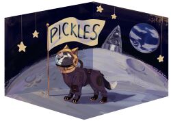 1boy absurdres animal_ears astronaut black_fur border_collie cardboard_cutout character_name commentary dog dog_ears dog_nose dog_tail earth_(planet) english_commentary flag helmet highres looking_to_the_side male_focus meeblesmeeb moon multicolored_fur pickles_(reverse:1999) planet reverse:1999 rocket space_helmet star_(symbol) tail whiskers white_flag white_fur