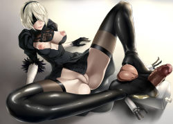 Rule 34 | 1girl, black dress, blindfold, blonde hair, blush, boots, breastless clothes, breasts, breasts apart, cleft of venus, closed mouth, dress, embarrassed, feet, footjob, full body, gloves, gradient background, groin, hairband, legs, lying, medium breasts, mole, mole under mouth, nier (series), nier:automata, nipples, no bra, no panties, penis, pussy, short hair, shoujo donburi, simple background, solo, spread legs, testicles, thigh boots, thighhighs, thighs, uncensored, 2b (nier:automata)