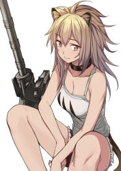 Rule 34 | 1girl, animal ears, arknights, axe, breasts, bright pupils, brown eyes, cleavage, closed mouth, collar, cutoffs, light brown hair, light smile, long hair, medium breasts, saiste, short shorts, shorts, sidelocks, siege (arknights), simple background, sitting, smile, solo, tail, tank top, white background