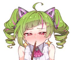 Rule 34 | ahoge, animal ears, bare shoulders, cat ears, commentary, delutaya, diagonal bangs, drill hair, english commentary, fake animal ears, green hair, indie virtual youtuber, kukie-nyan, medium hair, mouth hold, multicolored hair, pink hair, pocky day, shirt, sleeveless, sleeveless shirt, streaked hair, triangle hair ornament, twin drills, twintails, virtual youtuber, white shirt