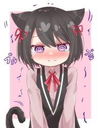 Rule 34 | 1girl, @ @, absurdres, animal ears, black dress, black hair, blush, cat ears, cat girl, cat tail, closed mouth, collared shirt, crying, crying with eyes open, dot nose, dress, hair ribbon, highres, kuroe (madoka magica), long sleeves, magia record: mahou shoujo madoka magica gaiden, mahou shoujo madoka magica, meggut 2521, neck ribbon, pink background, purple eyes, red ribbon, ribbon, school uniform, shirt, shirt under dress, short hair, solo, split mouth, swept bangs, tail, tears, trembling, v arms, wavy mouth, white shirt