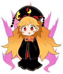 Rule 34 | 1girl, aura, black dress, black headwear, blush, blush stickers, dress, full body, ini (inunabe00), junko (touhou), long hair, open mouth, orange hair, phoenix crown, red eyes, simple background, sleeves past fingers, sleeves past wrists, smile, solo, tabard, touhou, white background, wide sleeves
