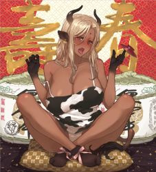 Rule 34 | 1girl, animal ears, ass, bare shoulders, blonde hair, blush, breasts, brown gloves, cleavage, cow ears, cow tail, cup, dark skin, dark-skinned female, ear tag, facial mark, fang, forehead mark, gloves, horns, indian style, large breasts, long hair, looking at viewer, open mouth, original, panties, red eyes, sakazuki, shoe-ji, sitting, socks, solo, tail, tongue, tongue out, underwear, white panties