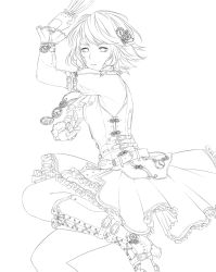 Rule 34 | 1girl, bad id, bad tumblr id, belt, boots, braid, buckle, clock, cross-laced footwear, detail, embellished costume, expressionless, fingerless gloves, frilled skirt, frills, gears, gloves, greyscale, hair ornament, highres, igyouhime, izayoi sakuya, knife, lineart, long sleeves, monochrome, monochrome, neckerchief, pocket watch, short hair, skirt, solo, standing, standing on one leg, steampunk, too many, touhou, twin braids, vest, watch