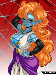 1girl alien arm_behind_head arm_up artist_name bare_shoulders black_sleeves blannis blue_eyes blue_shirt blue_skin blush breasts cape cleavage collarbone colored_skin cowboy_shot detached_sleeves dragon_ball dragonball_z earrings eyebrows eyelashes female_focus gradient_background grin hand_on_own_hip jewelry large_breasts lips long_hair long_pointy_ears looking_at_viewer muscular muscular_arms muscular_female naughty_face necklace orange_hair pants pointy_ears purple_cape red_background shirt simple_background smile solo standing strapless strapless_shirt teeth two-tone_background vest waist_cape wavy_hair white_background white_pants white_vest zangya