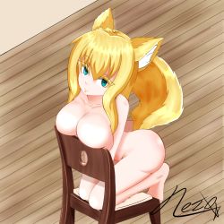 Rule 34 | 1girl, absurdres, animal ears, blonde hair, blue eyes, breast press, breasts, chair, cleavage, colored eyelashes, commission, fox ears, fox tail, highres, indoors, kneeling, large breasts, large tail, long hair, looking at viewer, nude, original, seiza, sitting, smile, solo, tail, weaver neith, wooden floor