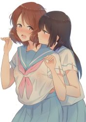 Rule 34 | 14sai bishoujo (shoutarou), 2girls, black hair, blue eyes, blue skirt, blush, grabbing another&#039;s breast, brown eyes, brown hair, commentary request, embarrassed, grabbing, grabbing from behind, hand under clothes, hibike! euphonium, highres, kousaka reina, long hair, looking at another, looking at viewer, multiple girls, neckerchief, nose blush, open mouth, oumae kumiko, pink neckerchief, pleated skirt, round teeth, school uniform, serafuku, shirt, short hair, short sleeves, simple background, skirt, smile, teeth, upper body, upper teeth only, white background, yuri