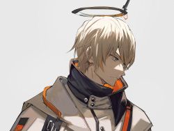 Rule 34 | 1boy, aoki (fumomo), arknights, blue eyes, closed mouth, collared jacket, commentary request, executor (arknights), gradient background, hair between eyes, halo, jacket, looking to the side, male focus, serious, simple background, solo, upper body, white background, white hair, white jacket