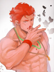 Rule 34 | 1boy, aged down, alexandros (fate), bara, beard, blood, bruise, facial hair, fate/grand order, fate (series), frown, hand up, highres, injury, iskandar (fate), jewelry, large pectorals, long sideburns, looking at viewer, male focus, muscular, muscular male, necklace, nosebleed, nude, pectorals, red eyes, red hair, serious, shababuru, short hair, sideburns, solo, upper body, wiping blood, wiping nose