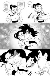 Rule 34 | 1boy, 1girl, absurdres, breasts, chi-chi (dragon ball), chinese clothes, closed eyes, comic, commentary, dougi, dragon ball, dragon ball super, english commentary, english text, french kiss, funsexydb, hair bun, half-closed eyes, hetero, highres, husband and wife, index finger raised, kiss, large breasts, monochrome, muscular, muscular male, open mouth, single hair bun, son goku, v-shaped eyebrows, wristband