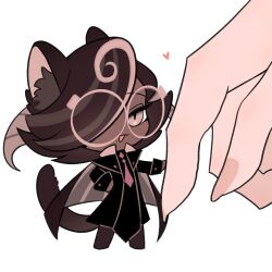 1boy 573302708 animal_ears brown_eyes brown_hair cape cat_boy cat_ears cat_tail chibi chinese_commentary commentary_request cookie_run cookie_run:_kingdom dark-skinned_male dark_skin espresso_cookie heart highres jitome kemonomimi_mode mini_person miniboy necktie round_eyewear simple_background solo_focus tail white_background