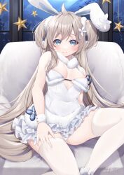 Rule 34 | 1girl, ahoge, animal ears, azur lane, blush, breasts, brown hair, covered navel, fake animal ears, feet out of frame, flower, grey eyes, hair flower, hair ornament, hairclip, highres, indoors, leotard, light brown hair, long hair, looking at viewer, medium breasts, nagura shiro, night, night sky, official alternate costume, playboy bunny, rabbit ears, signature, sitting, sky, smile, solo, thighhighs, two side up, umikaze (azur lane), umikaze (soft and fluffy therapy) (azur lane), white leotard, white thighhighs, window