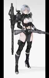 Rule 34 | 1girl, absurdres, black footwear, black gloves, black nails, black panties, blue eyes, bolt action, boots, breasts, closed mouth, commentary, earpiece, fingerless gloves, fingernails, gloves, grey hair, gun, high heel boots, high heels, highres, holding, holding gun, holding weapon, iuui, knee pads, large breasts, looking at viewer, mauser 98, nail polish, original, panties, partially fingerless gloves, pillarboxed, pouch, radio antenna, rifle, shadow, short hair, shrug (clothing), solo, standing, symbol-only commentary, thigh boots, thigh pouch, underwear, weapon, weapon request, white background