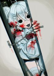 Rule 34 | 1girl, :3, absurdres, ahoge, bandaged leg, bandages, black eyes, black shorts, blood, blood on clothes, blood on face, blood on hands, chain, commentary, commission, cowboy shot, crazy, door, door chain, doorway, empty eyes, fang, grey tongue, hair between eyes, hair ornament, hairclip, hand up, highres, indoors, long sleeves, looking at viewer, night, open mouth, opening door, original, pov doorway, puffy long sleeves, puffy sleeves, rin (rin7kan7), shirt, short hair, short shorts, shorts, skeb commission, smile, solo, standing, tongue, two side up, white hair, white shirt, x hair ornament, yandere