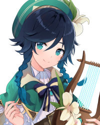 Rule 34 | 1boy, aisu (icicleshot), black hair, blue hair, blush, bow, braid, cape, closed mouth, flower, frilled sleeves, frills, gem, genshin impact, gradient hair, green eyes, green hat, hair flower, hair ornament, hat, highres, holding, holding instrument, instrument, leaf, looking at viewer, lyre, male focus, multicolored hair, simple background, smile, solo, trap, twin braids, venti (genshin impact), white background, white flower