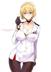 Rule 34 | 1girl, absurdres, alternate hair length, alternate hairstyle, azur lane, black gloves, blonde hair, blue eyes, blush, breasts, brown pantyhose, buttons, character name, choker, cleavage, closed mouth, collarbone, commentary request, cross, cross choker, gloves, hair between eyes, hairband, halcon, hand up, heart, highres, hip focus, jacket, large breasts, long sleeves, looking at viewer, military, military uniform, miniskirt, north carolina (azur lane), pantyhose, short hair, simple background, skirt, smile, solo, thighs, uniform, white background, white jacket, white skirt