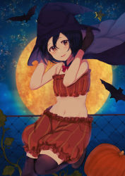Rule 34 | 10s, absurdres, ancolatte (onikuanco), bare shoulders, bat (animal), black gloves, black hair, black thighhighs, blouse, bow, bowtie, brown eyes, cape, cowboy shot, full moon, gloves, hair between eyes, halloween, halloween costume, hat, highres, kaban (kemono friends), kemono friends, looking at viewer, midriff, moon, navel, night, pumpkin, red bow, red bowtie, red shirt, red shorts, shirt, short hair, shorts, solo, striped clothes, striped shirt, striped shorts, tank top, thighhighs, vertical-striped clothes, vertical-striped shirt, wavy hair, witch hat