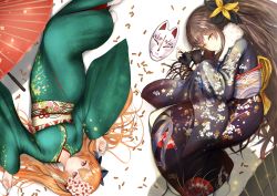 Rule 34 | 1girl, absurdres, ammunition, black bow, black gloves, black kimono, blue ribbon, bow, breasts, brown eyes, brown hair, bullet, closed mouth, commentary request, eyebrows, fingerless gloves, floral print, flower, fox mask, from side, full body, fur-trimmed kimono, fur trim, girls&#039; frontline, gloves, green kimono, grey hair, guchagucha, gun, h&amp;k ump, h&amp;k ump, hair bow, hair flower, hair ornament, hair ribbon, hairclip, highres, japanese clothes, kimono, legs together, long hair, long sleeves, looking at viewer, lying, mask, medium breasts, obi, official alternate costume, oil-paper umbrella, on back, on side, own hands together, ponytail, red umbrella, ribbon, sash, scar, scar across eye, scar on face, side ponytail, sidelocks, smile, socks, solo, submachine gun, tabi, twintails, umbrella, ump45 (girls&#039; frontline), ump45 (lonely traveler of eternity) (girls&#039; frontline), ump9 (girls&#039; frontline), ump9 (wayfarer of the profound) (girls&#039; frontline), weapon, white socks, wide sleeves, yellow bow, yellow eyes