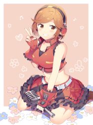 Rule 34 | 1girl, bare shoulders, beamed eighth notes, belt, blush, brown eyes, brown hair, crop top, eighth note, fingerless gloves, flower, frilled gloves, frilled shirt, frilled skirt, frills, gloves, hand up, headphones, heart, holding, holding microphone, light blush, looking at viewer, meiko (vocaloid), microphone, midriff, miniskirt, musical note, pink background, red gloves, red shirt, red skirt, sakine meiko, shirt, short hair, sinaooo, sitting, skirt, smile, solo, v, vocaloid, wariza