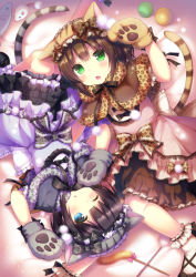 Rule 34 | 2girls, animal ears, animal hands, animal print, bad id, bad pixiv id, black hair, blue eyes, blush, bow, brown hair, capelet, cat ears, cat paws, cat tail, cat teaser, chestnut mouth, dress, fake animal ears, fang, furrowed brow, gloves, green eyes, hairband, headdress, lace, lace-trimmed dress, lace trim, leopard print, lolita hairband, lying, multiple girls, one eye closed, open mouth, original, paw gloves, pom pom (clothes), print bow, ribbon, sakura puchirou, short hair, striped, striped tail, tail, tiger print
