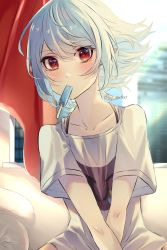 Rule 34 | 1girl, absurdres, alternate costume, blue hair, blurry, blurry background, collarbone, commentary request, contemporary, food, food in mouth, hair between eyes, highres, indoors, katsukare, looking at viewer, medium hair, mouth hold, no headwear, popsicle, popsicle in mouth, print shirt, red curtains, red eyes, remilia scarlet, shirt, sitting, solo, touhou, upper body, v arms, white shirt, window