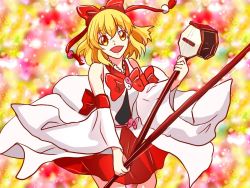 Rule 34 | blonde hair, bow, detached sleeves, erhu, gradient background, hair bow, japanese clothes, miko, multicolored background, precure, rokki hero, satsuki rin, smile, touhou, yellow eyes, yin yang