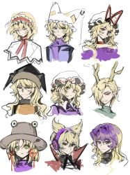 6+girls absurdres alice_margatroid blonde_hair blue_eyes green_eyes hair_between_eyes hairband hat highres hijiri_byakuren horizontal_pupils horns kicchou_yachie lolita_hairband long_hair maribel_hearn matara_okina medium_hair mob_cap moriya_suwako multicolored_hair multiple_expressions multiple_girls orange_eyes pointy_ears purple_eyes purple_hair pyonta red_eyes short_hair smile touhou toyosatomimi_no_miko upper_body wavy_hair xian_qishui yakumo_ran yakumo_yukari yellow_eyes