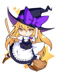 Rule 34 | 1girl, apron, blonde hair, boots, bow, braid, broom, chibi, deformed, full body, hat, hat bow, ishimu, kirisame marisa, long hair, open mouth, side braid, simple background, solo, star (symbol), touhou, waist apron, white background, wide sleeves, witch hat, yellow eyes