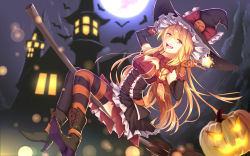 Rule 34 | 1girl, alternate costume, bakanoe, bat (animal), blonde hair, boots, bow, braid, breasts, cleavage, cross-laced footwear, dress, elbow gloves, flying, gloves, halloween, halloween costume, hat, highres, jack-o&#039;-lantern, kirisame marisa, lace-up boots, medium breasts, moon, night, night sky, pumpkin, red bow, sky, solo, touhou, witch, witch hat, yellow eyes