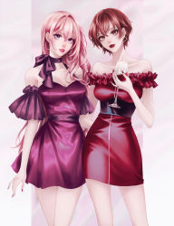 Rule 34 | 2girls, bare arms, bare legs, breasts, brown eyes, brown hair, cleavage, closed mouth, cup, dress, grey eyes, hair between eyes, highres, holding, holding cup, long hair, looking at viewer, medium breasts, megurine luka, meiko (vocaloid), multiple girls, nail polish, off-shoulder dress, off shoulder, parted lips, pink hair, purple dress, red dress, red lips, red nails, sapphirez39, short dress, short hair, standing, vocaloid