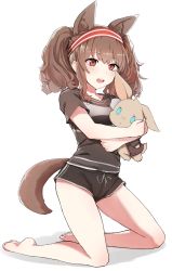 Rule 34 | 1girl, absurdres, angelina (arknights), animal ears, arknights, barefoot, black shirt, black shorts, brown hair, commentary, dolphin shorts, headband, highres, holding, holding stuffed toy, k0ng, kneeling, looking at viewer, medium hair, micro shorts, open mouth, red eyes, red headband, shirt, short shorts, shorts, simple background, smile, solo, stuffed animal, stuffed rabbit, stuffed toy, t-shirt, tail, twintails, white background