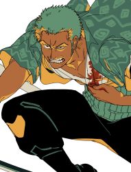 Rule 34 | 1boy, blood, blood stain, clenched teeth, cropped, dark-skinned male, dark skin, fighting stance, frown, green hair, highres, injury, landeg, long sideburns, looking to the side, male focus, one piece, roronoa zoro, short hair, sideburns, solo, teeth