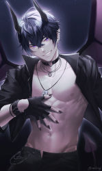 Rule 34 | 1boy, :d, abs, black gloves, black jacket, black nails, black pants, demon boy, demon horns, demon tail, demon wings, dog tags, earrings, fingernails, gloves, grin, highres, horns, jacket, jewelry, marius von hagen (tears of themis), muscular, muscular male, nail polish, navel, nipples, open clothes, open jacket, open mouth, pants, pointy ears, purple eyes, purple hair, sharp fingernails, short hair, short sleeves, smile, solo, tail, tears of themis, teeth, wings, xeiling