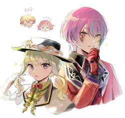 Rule 34 | 2boys, 2girls, aqua hair, asymmetrical bangs, blonde hair, bow, bowtie, closed eyes, collared shirt, commentary, facepaint, frills, gloves, gradient hair, green skirt, hair between eyes, hand to own mouth, hat, highres, kamishiro rui, kusanagi nene, long sleeves, momomo (m0 3), multicolored hair, multiple boys, multiple girls, official alternate costume, official alternate hairstyle, ootori emu, open mouth, orange hair, pink hair, project sekai, purple eyes, purple hair, red gloves, red ribbon, ribbon, shirt, skirt, streaked hair, symbol-only commentary, teeth, tenma tsukasa, upper teeth only, white background, wonderlands x showtime (project sekai), yellow background
