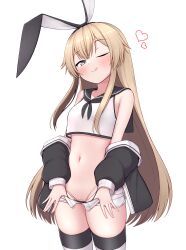 Rule 34 | +++, 1girl, absurdres, bandaid, bandaid on pussy, black jacket, black neckerchief, black panties, black sailor collar, blonde hair, blush, closed mouth, crop top, hair between eyes, hairband, heart, highleg, highleg panties, highres, jacket, kantai collection, long hair, long sleeves, looking at viewer, micro shorts, neckerchief, off shoulder, one eye closed, open clothes, open shorts, panties, sailor collar, shimakaze (kancolle), short shorts, shorts, simple background, sleeveless, smug, solo, striped clothes, striped thighhighs, thighhighs, tiemu (man190), tongue, tongue out, underwear, very long hair, white background, white shorts, yellow eyes
